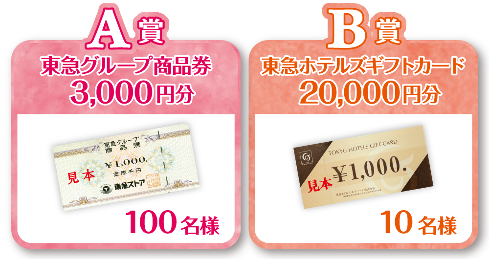 A賞：東急グループ商品券／B賞ホテルズギフトカード20,000円分
